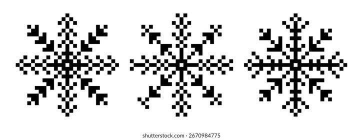Conjunto de copos de nieve de píxeles sobre fondo blanco. Iconos retro negros del copo de nieve. Ilustración vectorial aislada.