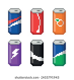 Set of pixel soda icons in colored aluminum cans. The sign of soft drinks. Pixelated food icon. Pixel design, embroidery. Isolated on a white background.