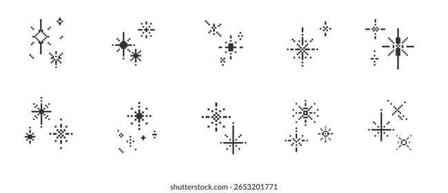 Set of pixel sparkle and stars. Scattered 8-bit glitter elements. Retro Y2K space shapes. 
