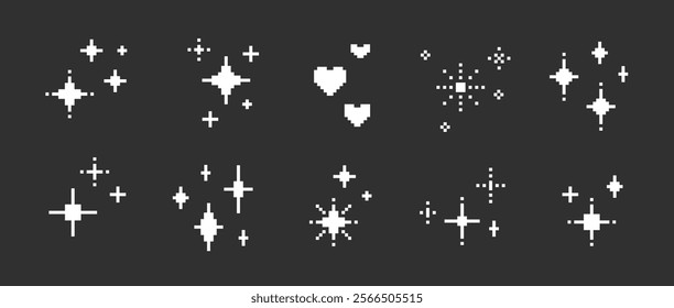 Set of pixel sparkling white stars and hearts on black background. Shiny stars, 8bit shapes for Y2K design, retro shapes. Vector illustration