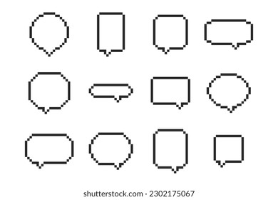 Set of pixel speech bubbles, 8 bit empty pixelated speech bubbles, chat speech or dialogue. Pixel art - speech clouds.
