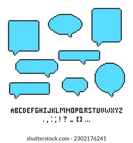 Set of pixel speech bubbles with pixel alphabet. 8 bit empty pixelated speech bubbles, chat speech or dialogue. Vector illustration.