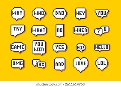 Set of pixel speech bubbles with phrases. Pixel speech bubbles. Chat speech or dialogue. 8 bit texting dialogue bubble.