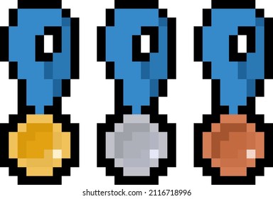 Set of pixel sport medals in gold, silver and bronze or 1st, 2nd, 3rd - isolated, vector