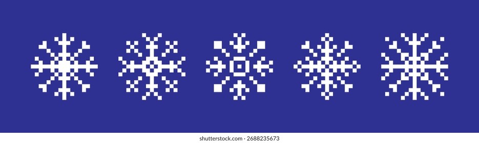 Conjunto de iconos de copos de nieve de línea abstracta cuadrada de píxeles, colección de símbolo de nieve de copo de nieve para año nuevo, Navidades, tarjetas de invierno, póster, Anuncio, patrón, anuncio, Plantilla de icono de Vector de copos de nieve	