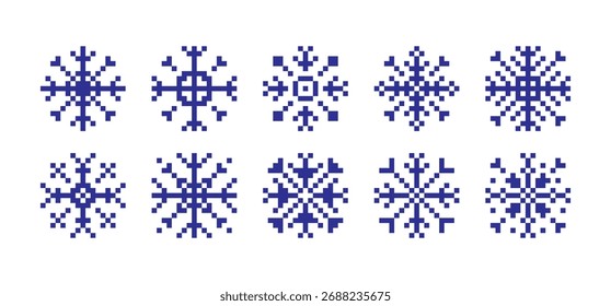 Conjunto de iconos de copos de nieve de línea abstracta cuadrada de píxeles, colección de símbolo de nieve de copo de nieve para año nuevo, Navidades, tarjetas de invierno, póster, Anuncio, patrón, anuncio, Plantilla de icono de Vector de copos de nieve	