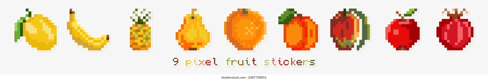 Set of pixel stickers with fruit icons.