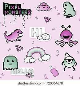 Set pixel stickers  patches dinosaurs   Ideal for children room decoration  wrapping  cards  baby shower  banners  backgrounds  Colorful 8  bit set  