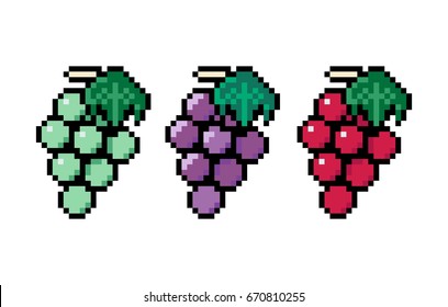 Set of pixel style bunch of grapes - isolated vector illustration