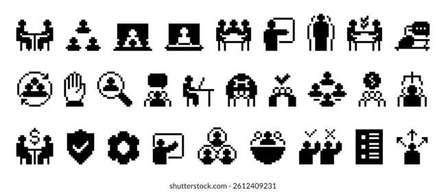 Set of pixel style. Business silhouette icons. including teamwork, communication, meeting, online conference, recruitment, leadership, negotiation, strategy, and management.