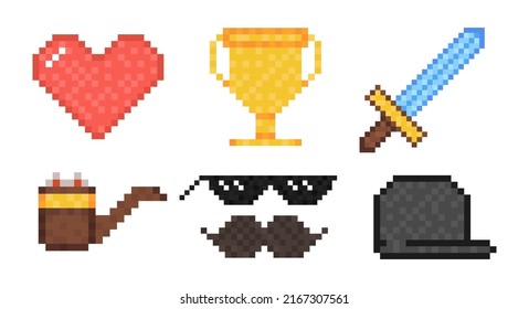 Set of pixel sword, gold cup, heart, tobacco pipe, gangster sunglasses, mustache and cap. Vector illustration.