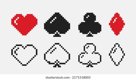 Set of pixel symbols of playing cards. Diamonds, hearts, clubs and spades for casino or poker. Design elements for mobile games or printing. Simple flat vector collection isolated on gray background