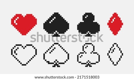 Set of pixel symbols of playing cards. Diamonds, hearts, clubs and spades for casino or poker. Design elements for mobile games or printing. Simple flat vector collection isolated on gray background