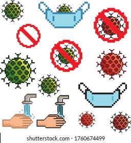 
Set of pixel symbols virus, hand washing, stop sign, medical face protection mask, face shield. Virus Prevention