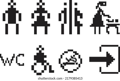 A set of pixel toilet icons. Toilet sign. Men, women, mother with children, and disabled symbols. Toilet for men, women, and disabled. Vector graphics.