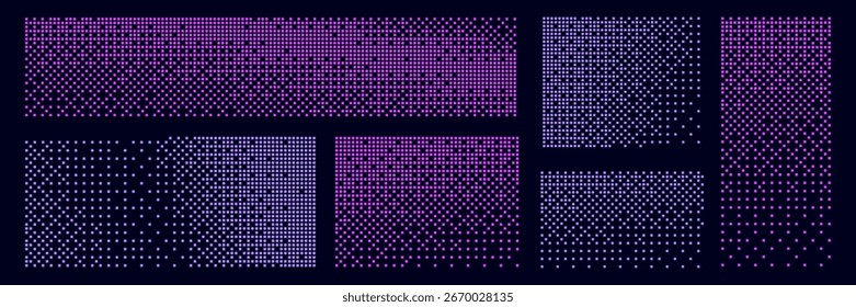 Conjunto de efeitos de transformação de pixel com padrão de pontos de meio-tom. Quadros de mosaico roxo com formas quadradas, desintegração abstrata. Planos de fundo de arte de 8 bits com elementos geométricos e de explosão.