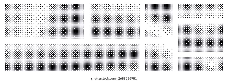 Set of pixel transform effect with halftone dot pattern. Black mosaic frames with square shapes, abstract disintegration. 8bit art backgrounds with explosion and geometric elements.