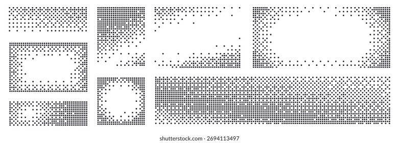 Conjunto de efeitos de transformação de pixel com padrão de pontos de meio-tom. Molduras de mosaico preto com formas quadradas, desintegração abstrata.