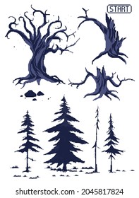 Set of pixel trees, pixel art. Halloween retro 8 bit pixel trees illustration. Vector collection for happy halloween holidays or game assets. Isolated Vector Illustration