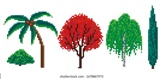 set of pixel trees, pixel art on white background. vector illustration