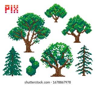 set of pixel trees, pixel art on white background. vector illustration