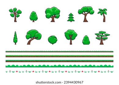 Set of pixel trees and bushes, forest elements 8-bit sprite. 8 bit video game UI elements, trees bushes and grass sprite asset. Isolated vector illustration for pixel art games.