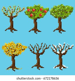 A set of pixel trees for different seasons.