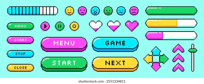 Conjunto de elementos gráficos de vídeo game de pixel em estilo retrô de 8 bits. Setas de cor pixelated, corações de amor, emoticons, barra de progresso de carregamento, ícones de indicador de nível, adesivos de saúde. Menu, parar, reproduzir botões de interface do usuário