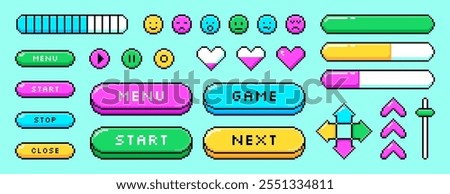 Set of pixel video game graphic elements in 8bit retro style. Color pixelated arrows, love hearts, emoticons, loading progress bar, level indicator icons, health stickers. Menu, stop, play ui buttons
