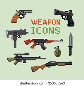 Set of pixel weapon and gun icons