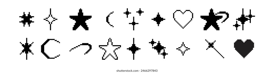 Set of pixel Y2K bling retro elements and abstract brutalism shapes. Modern vector illustration. Hipster graphic objects for logo, icon, web design.