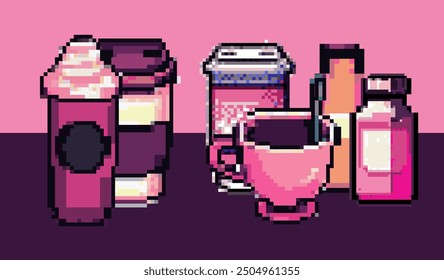 Set of pixel-art beverages: coffee, tea, soda, etc. 8-bit elements for video game design.