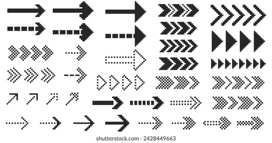 Set of pixelated arrows. Abstract pixel dash dotted line arrows, graphic squares and dots on transparent background. Vector design elements, different shapes