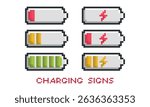 Set of pixelated battery charging process line vector icon.