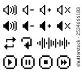 A set of pixelated black-and-white audio control icons, featuring volume, playback, and sound management symbols.
