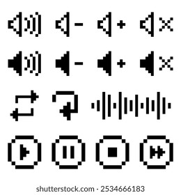 Um conjunto de ícones de controle de áudio em preto-e-branco pixelizados, com símbolos de gerenciamento de volume, reprodução e som.