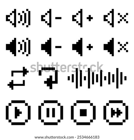 A set of pixelated black-and-white audio control icons, featuring volume, playback, and sound management symbols.