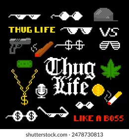 Conjunto de atributos de jefe pixelado, pixel art gangsta rap accesorios. La vida de un jefe matón, gafas de píxel, cadena de oro, dinero, gorra, cigarrillos y puros. 