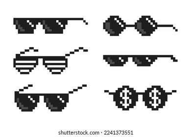 Set of pixelated boss glasses, bandit pixel glasses, gangster pixelated sunglasses. Vector illustration.