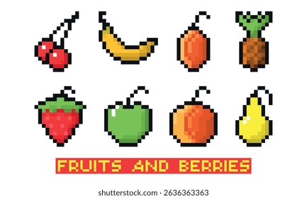 Set of pixelated fruits and berries vector illustration isolated on white background.