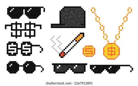 Juego de gafas de sol de gángsters pixeladas, cadena de oro, gorra, cigarrillo y moneda.  Ilustración vectorial.