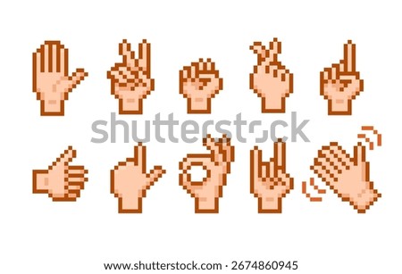 Set of pixelated hand gesture emoji, emoticons for messages, 8 bit. Ok, thumbs up, waving, fist. Retro style 90s, Sticker, chat, retro game. Vector flat illustration. Isolated background.