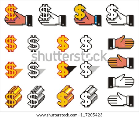 Set of pix-elated hands and currency simbol in color and black and white. Easy to edit colors. See the whole series.