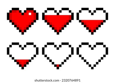 Set of Pixelated Heart Icons. Digital love, affection, emotions, retro style, pixel art, nostalgia, digital expression, 8-bit, video games. Vector line icon for Business and Advertising