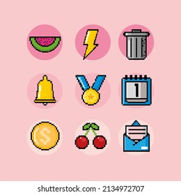 set of pixelated icons such us calendar