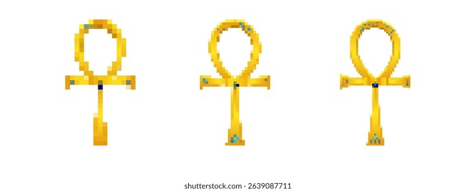 A set of pixelated mosaic ankh symbols with retro sprite style in a simple golden design.