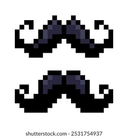 Set of pixelated moustache icons. Gentlemen moustache. Arcade game, 8-bit. Pixel art on a white background.