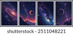 Set of pixelated posters with futuristic deep space scene in pixel art style with dithering effect. Retro space background for vintage cover, flyer, magazine or banner. Vector 8-bit illustration