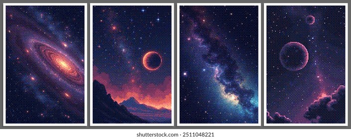 Set of pixelated posters with futuristic deep space scene in pixel art style with dithering effect. Retro space background for vintage cover, flyer, magazine or banner. Vector 8-bit illustration