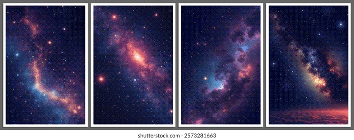 Set of pixelated posters with futuristic deep space scene in pixel art style with dithering effect. Retro space background for vintage cover, flyer, magazine or banner. Vector 8-bit illustration